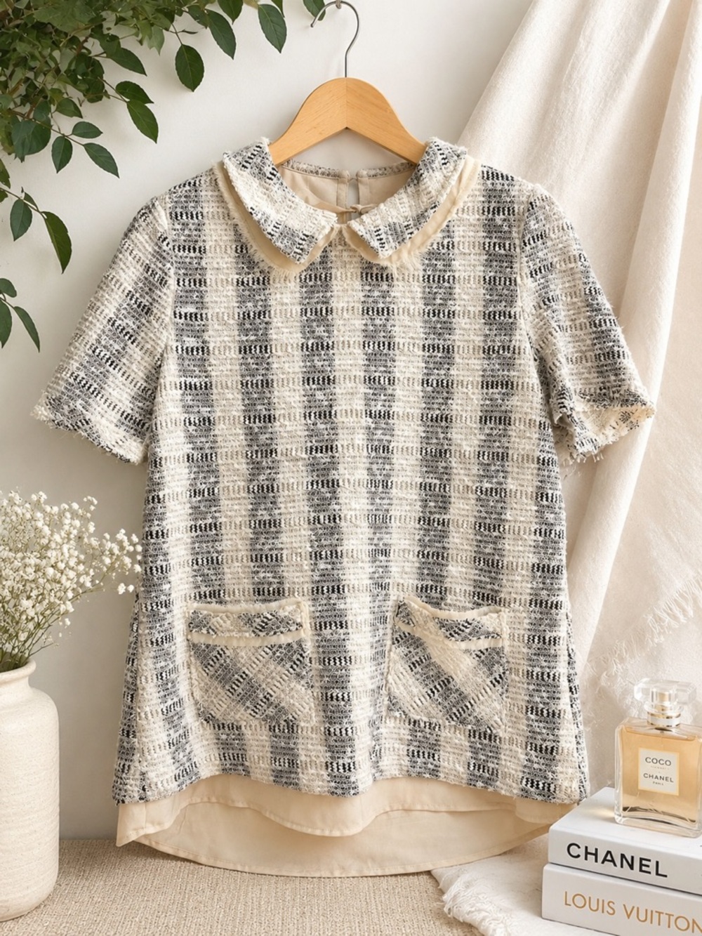 Anthropologie Tweed Peter Pan Collar Top Medium Cream Black Plaid